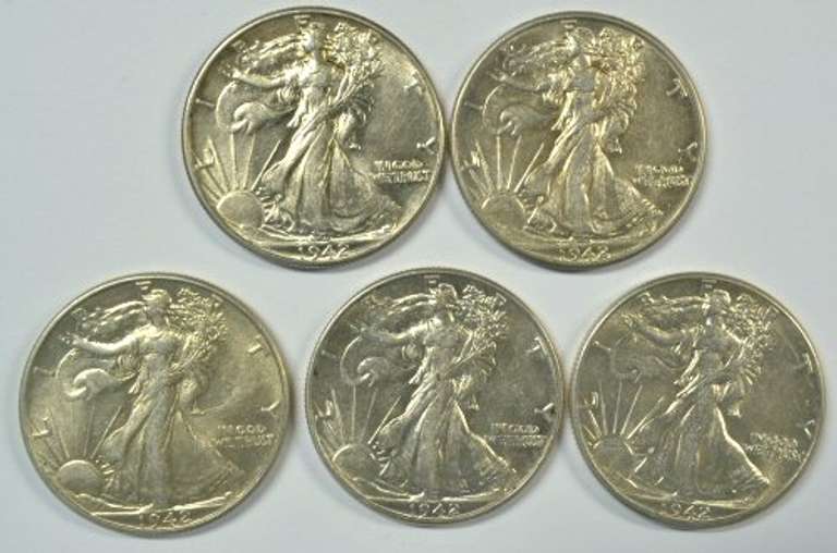5 Lustrous top end 1942 Walking Liberty Half Dollars