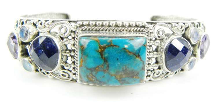 Gorgeous Sterling Turquoise & Gemstones Cuff Bracelet