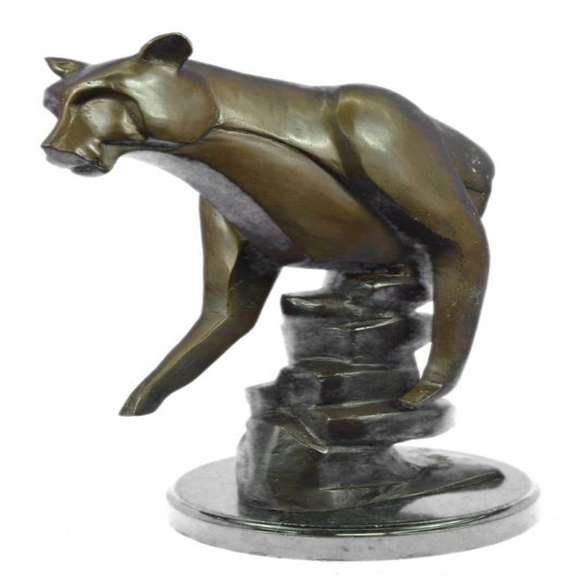 Cougar Female Lion Bronze Sculpture on Marble Base Statue