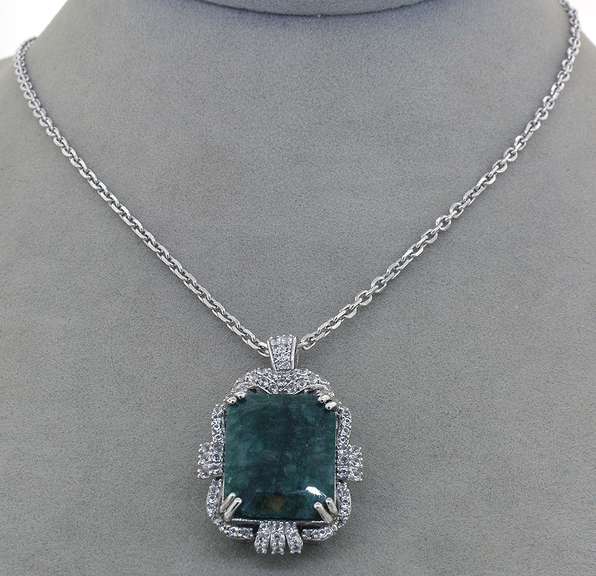 Glittering Massive 24.15CTS Emerald & White Sapphire Necklace in Sterling Silver