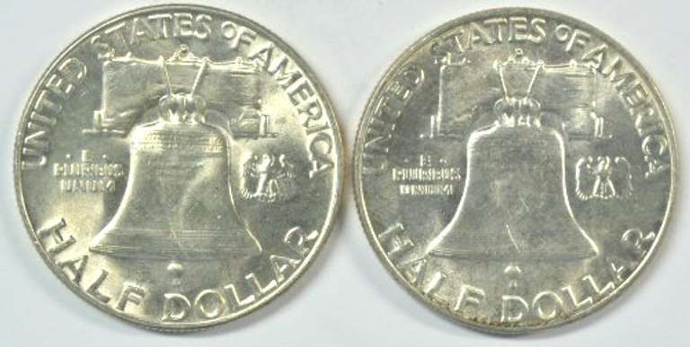 2 Gem BU 1954-D Franklin Half Dollars. FBL