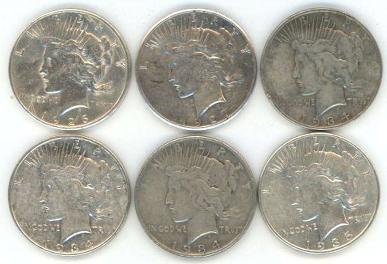 6 Better date Peace Silver Dollars 1926 to 1935