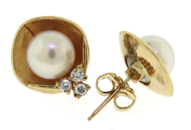 Elegant 14kt YG Pearl & Diamond Earrings