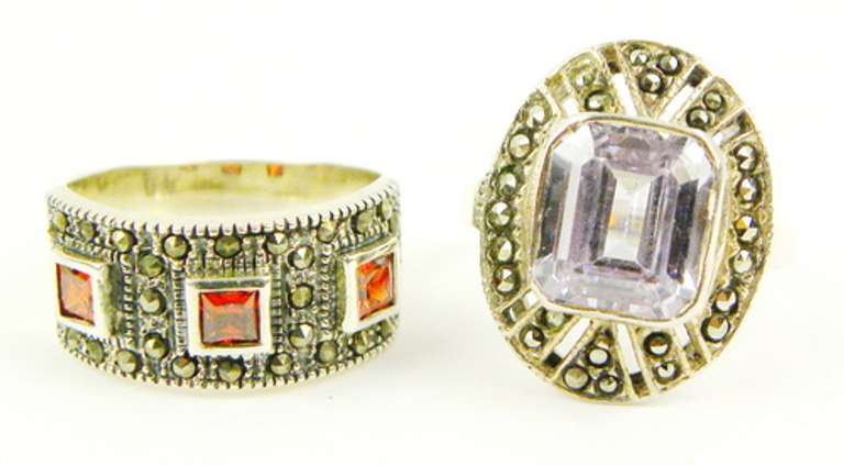 2 Sterling Gemstone & Marcasite Rings, Size 6