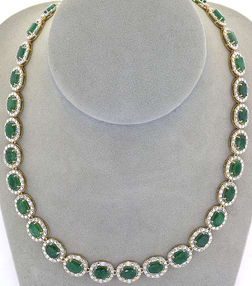 Awesome 37.36CTW Emerald & Diamond Necklace in Vermeil