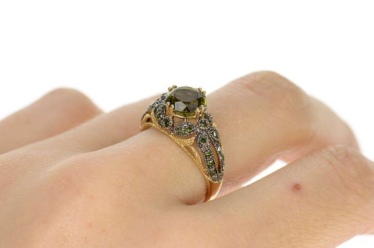 10K Yellow Gold Green Tourmaline Pave Green Diamond Ornate Ring