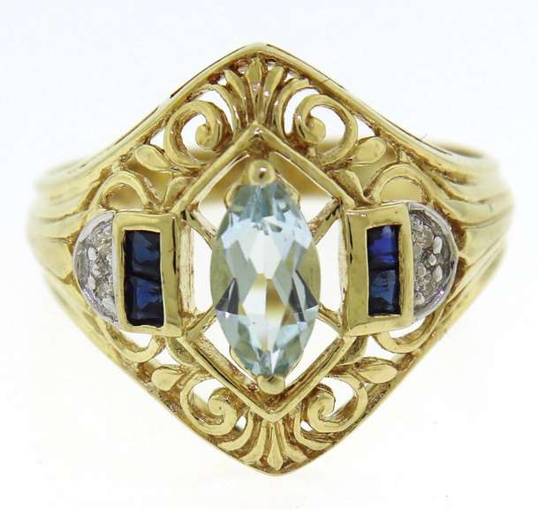 Nice Marquise Aquamarine & Diamond Accent Filagree Ring