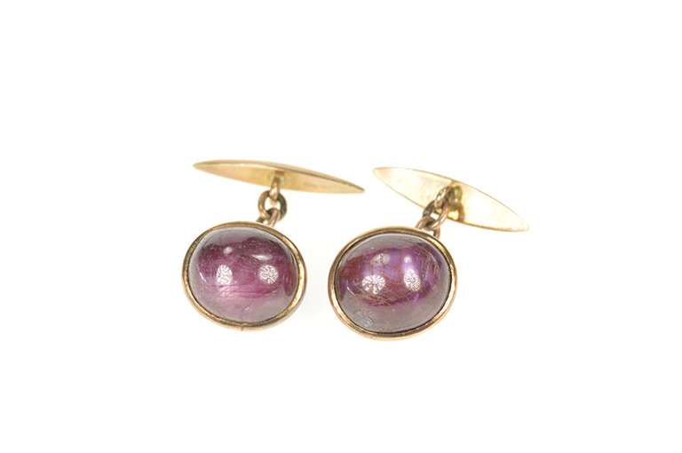 14K Yellow Gold Men's Oval Natural Star Ruby Cabochon Chain Cuff Links