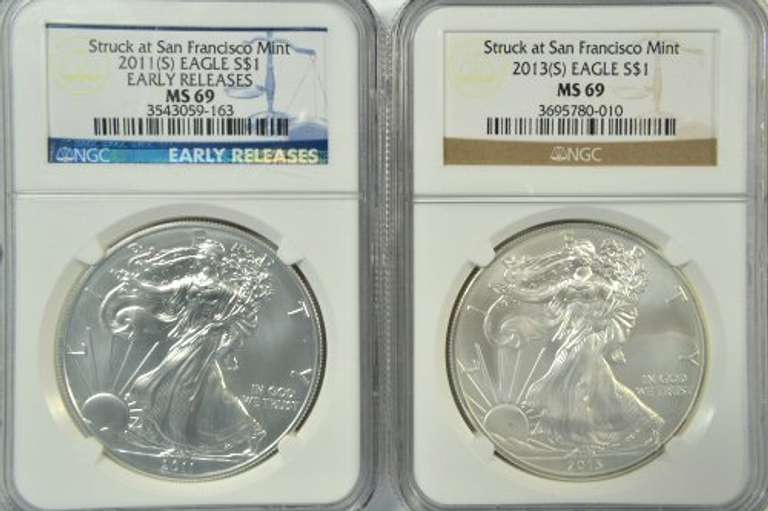 2011 (S) & 2013 (S) $1 Silver Eagle coins. NGC MS69