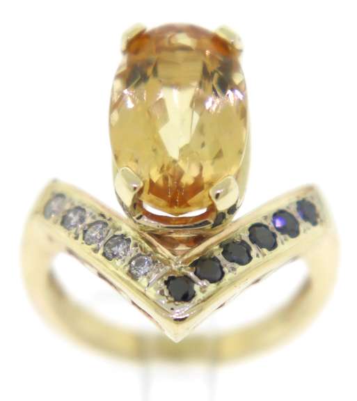 Stylish 14kt YG Citrine with Black & White Diamond Ring