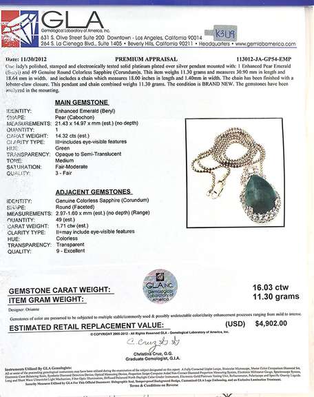 Regal 14.32CTS Emerald & White Sapphire Necklace in Sterling Silver