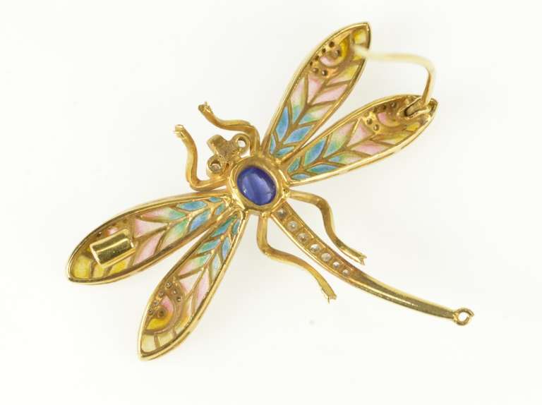 14K Yellow Gold Art Nouveau Diamond Sapphire Dragonfly Pin/Brooch