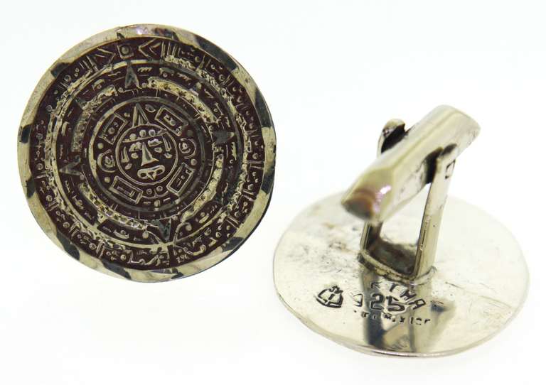 Aztec Round Sterling Silver Cufflinks