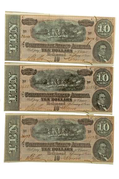 3 Consecutive CU $10 Confederate Notes Feb 17 1864