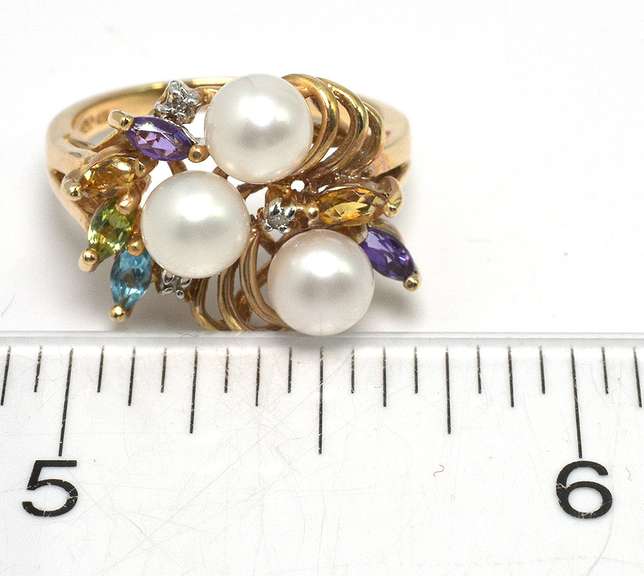 Unique Pearl & Multi Gemstone Ring in Yellow Gold