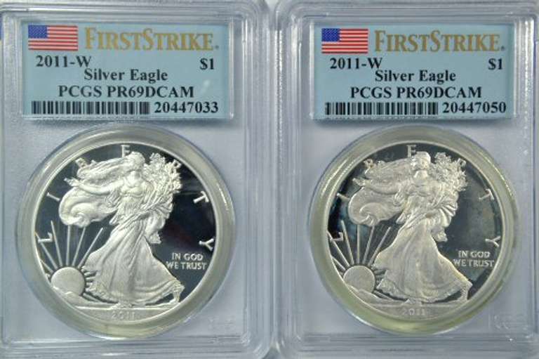 Two 2011-W Deep Cameo FIRST STRIKE Eagles PCGS PR69DCAM