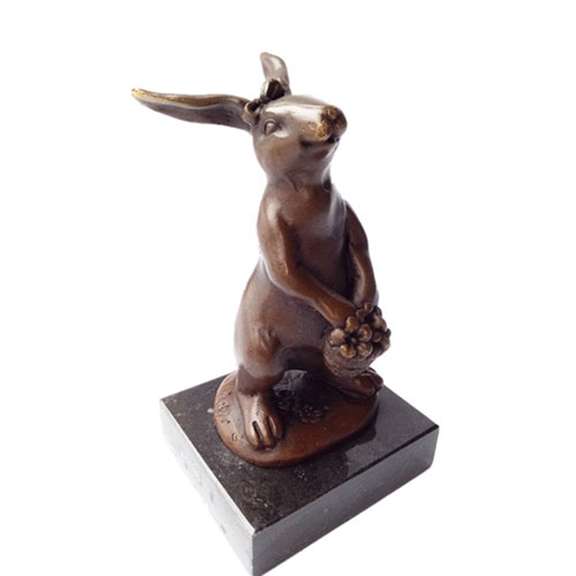 Cuddly Lil Lady Bunny With Flower Basket Bronze Sculpture