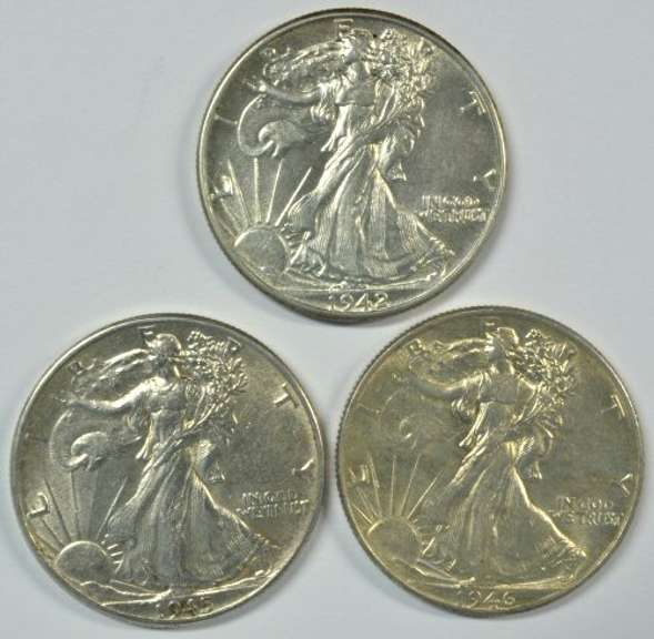 3 Diff slider/BU 'P' Mint Walking Liberty Half Dollars