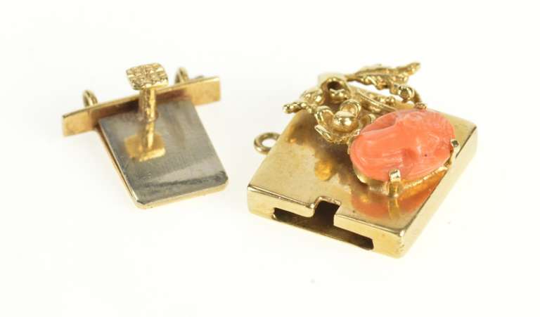 14K Yellow Gold Carved Coral Cameo Floral Box Slide Bracelet Clasp