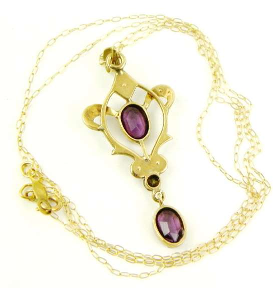 Antique 10K Amethyst & Seed Pearls Lavaliere