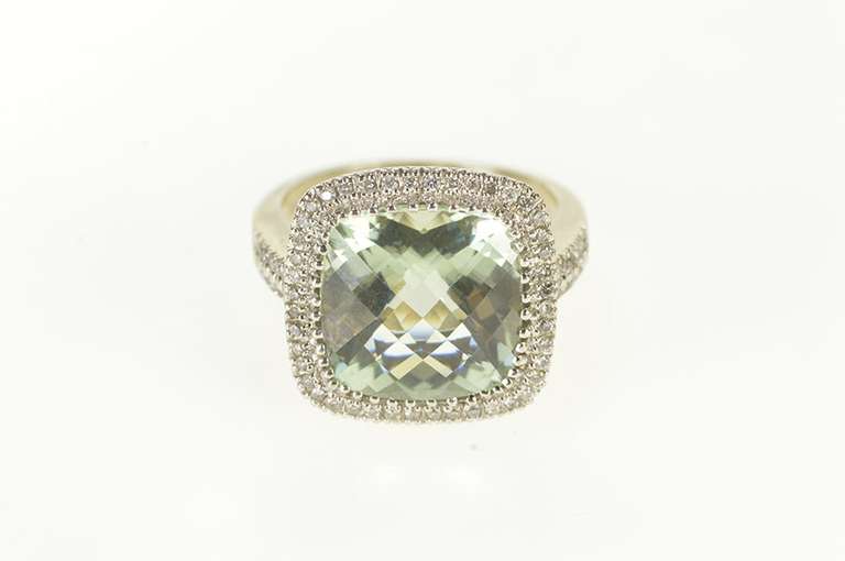 10K White Gold Prasiolite Faceted Cushion Diamond Halo Ring