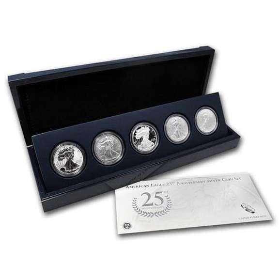 2011 US Mint Eagle 25th Anniv Silver 5 pc Set Box & COA