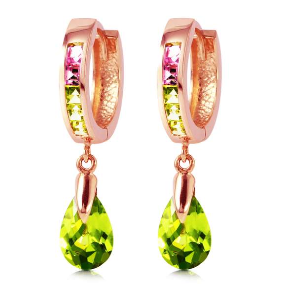 Solid Rose Gold Dangling Green Cubic Zirconia Pear Hoop Earrings