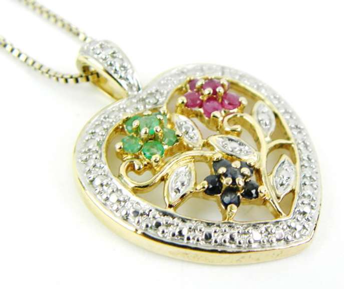 Emerald Ruby Sapphire Sterling Vermeil Heart Necklace