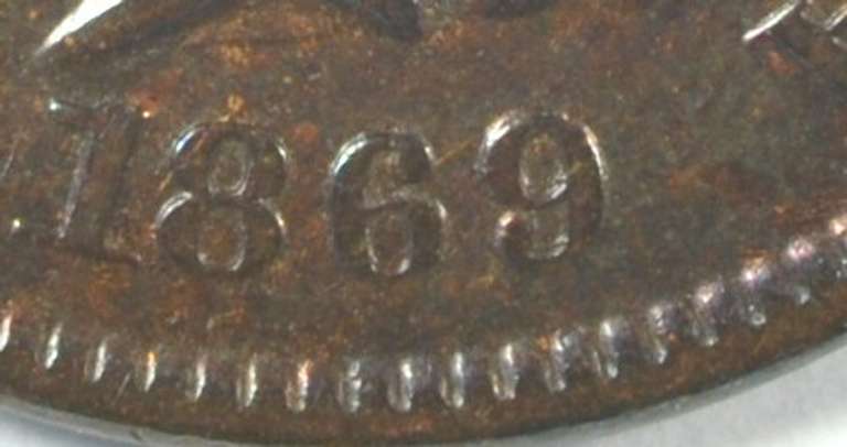 Scarce 1869 over '9' Indian Head Cent. Full LIBERTY