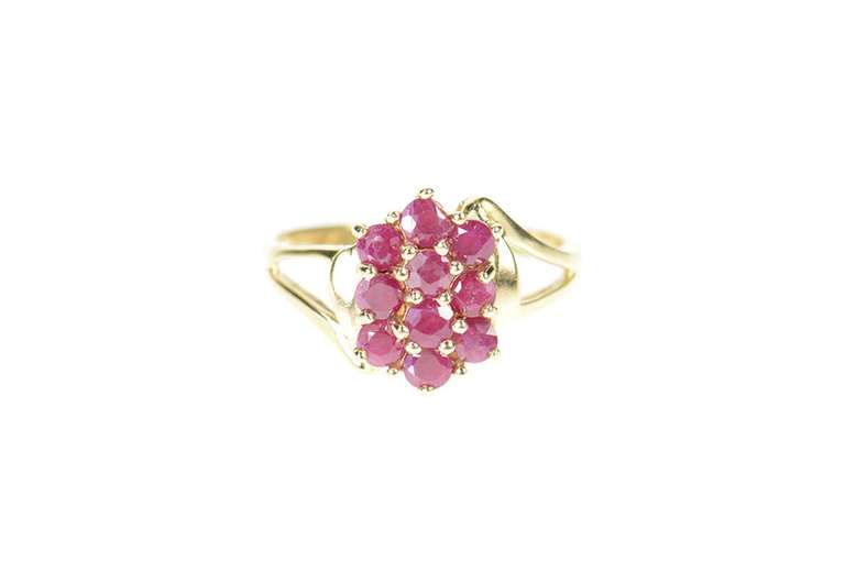 10K Yellow Gold Natural Ruby Cluster Statement Bypass Ring