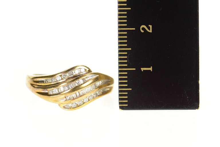 10K Yellow Gold Wavy Channel Baguette Round Diamond Band Ring