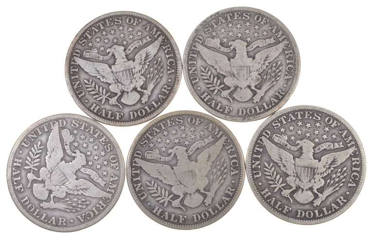 Lot Of 5 1915 Barber Half Dollars