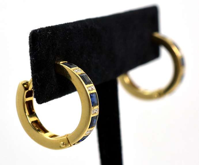 Sapphire & Diamond Hoop Earrings, 18KT
