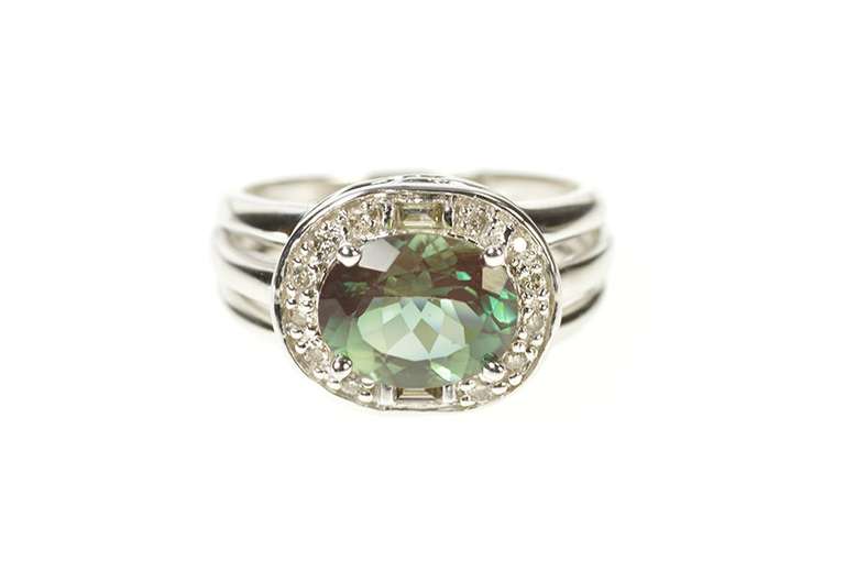 14K White Gold Oval Syn. Alexandrite Diamond Halo Engagement Ring