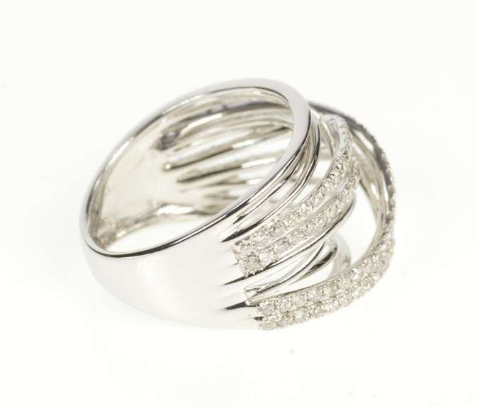 14K White Gold 1.00 Ctw Diamond Criss Cross Layered Statement Ring