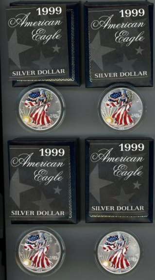 4 1999 'Painted' Silver Eagles in custom box with COA