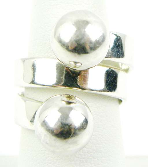 Wide Sterling Silver Double Ball Bypass Ring, 8