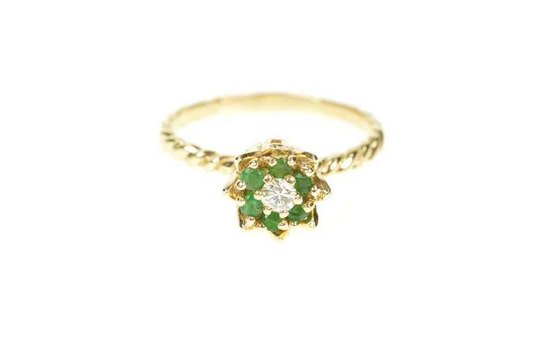 14K Yellow Gold 1960's Diamond Emerald Halo Flower Engagement Ring