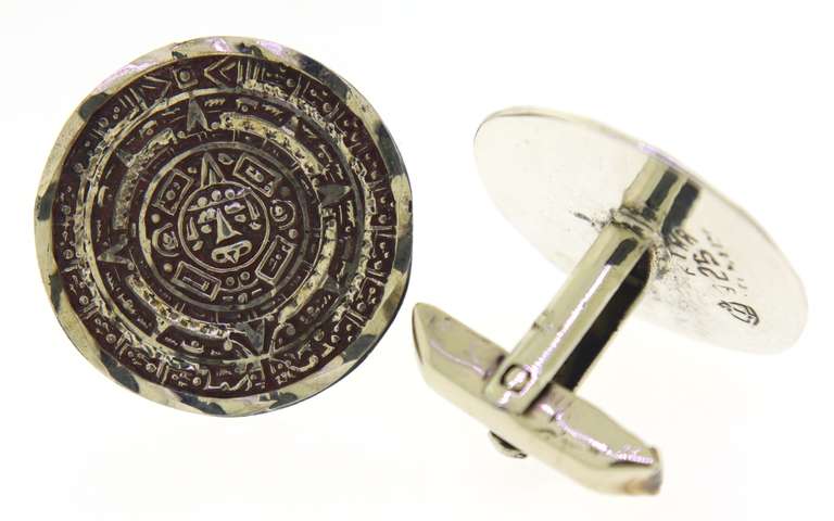 Aztec Round Sterling Silver Cufflinks