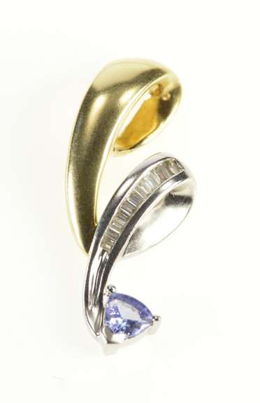 10K Yellow Gold Trillion Tanzanite Two Tone Diamond Swirl Pendant