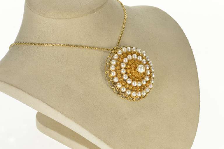 10K Yellow Gold Etruscan Revival Pearl Round Medallion Pendant/Pin