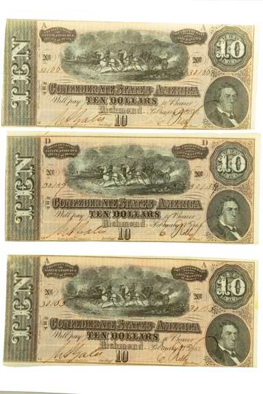 3 CU $10 Confederate Notes Feb 17 1864