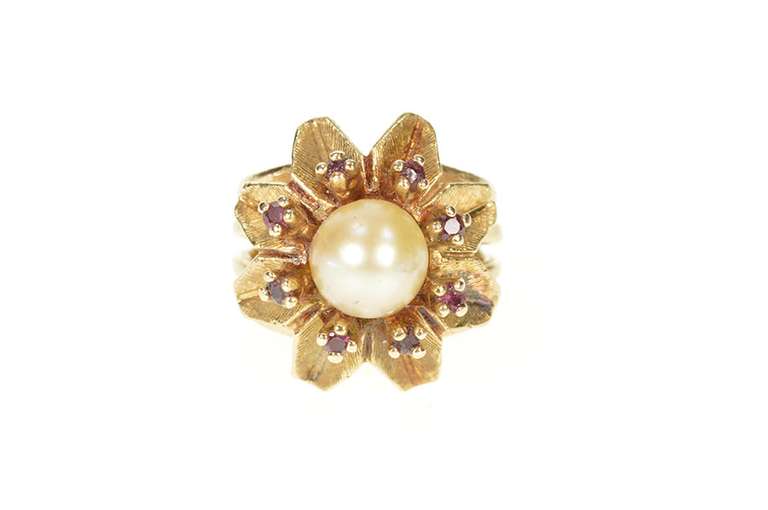 14K Yellow Gold 1960's Pearl Ruby Flower Cluster Cocktail Ring