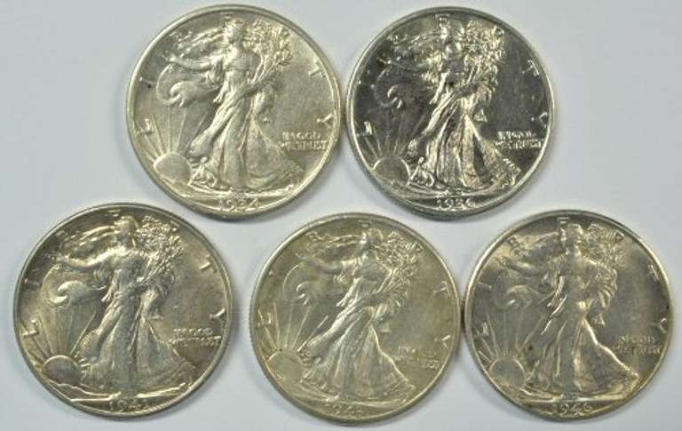 5 semi-key Walking Liberty Half Dollars 1934 to 1946-S
