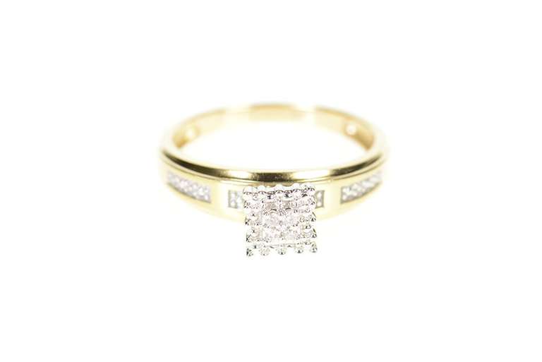 10K Yellow Gold Squared Diamond Cluster Simple Promise Ring