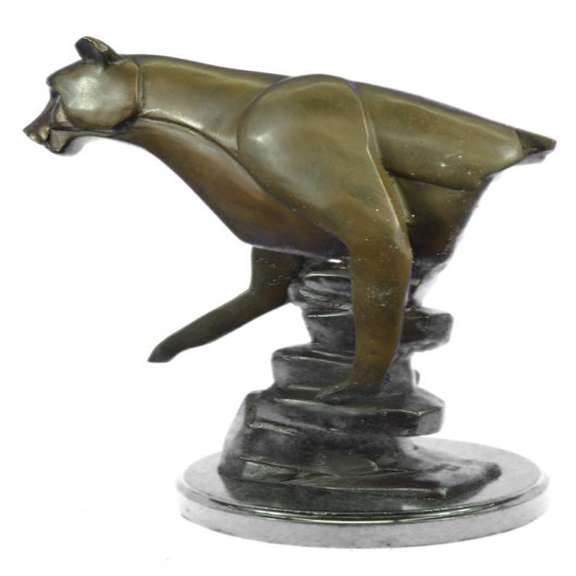 Cougar Female Lion Bronze Sculpture on Marble Base Statue