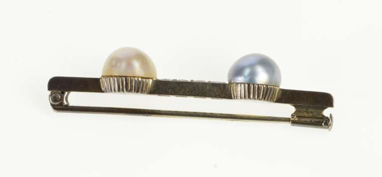 10K White Gold Art Deco Two Tone Pearl Diamond Bar Pin/Brooch