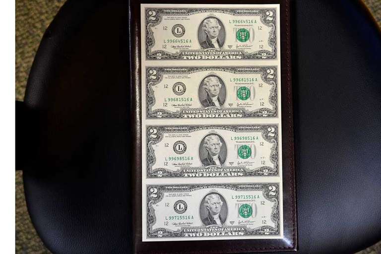 Uncut Sheet of 4 Two dollar bills A series 2003