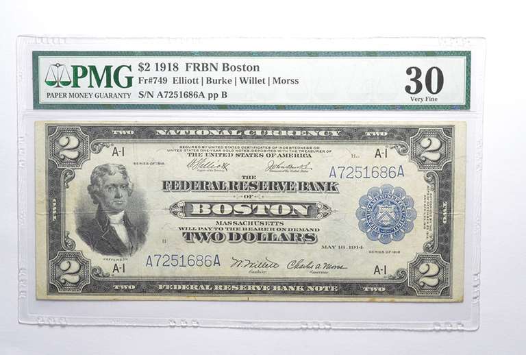 VF30 1918 $2 National Currency Note Boston, MA - FR#749 - Graded PMG