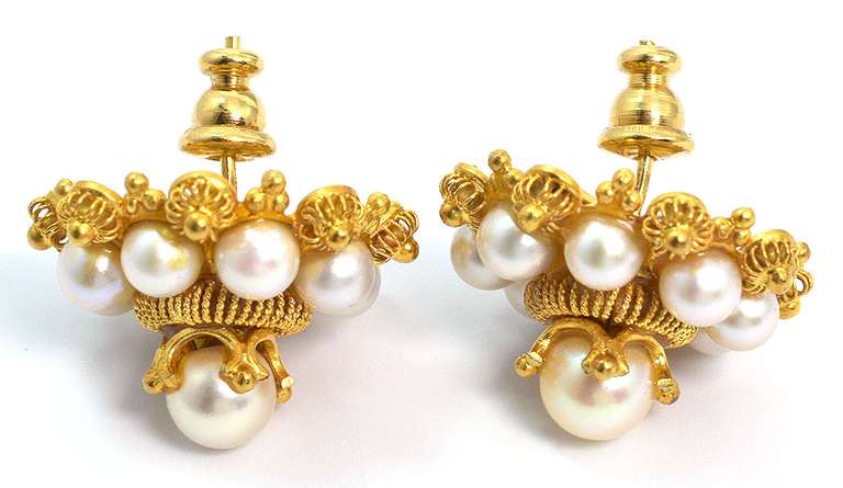 Ornate Pearl Earrings in 14KT Yellow Gold